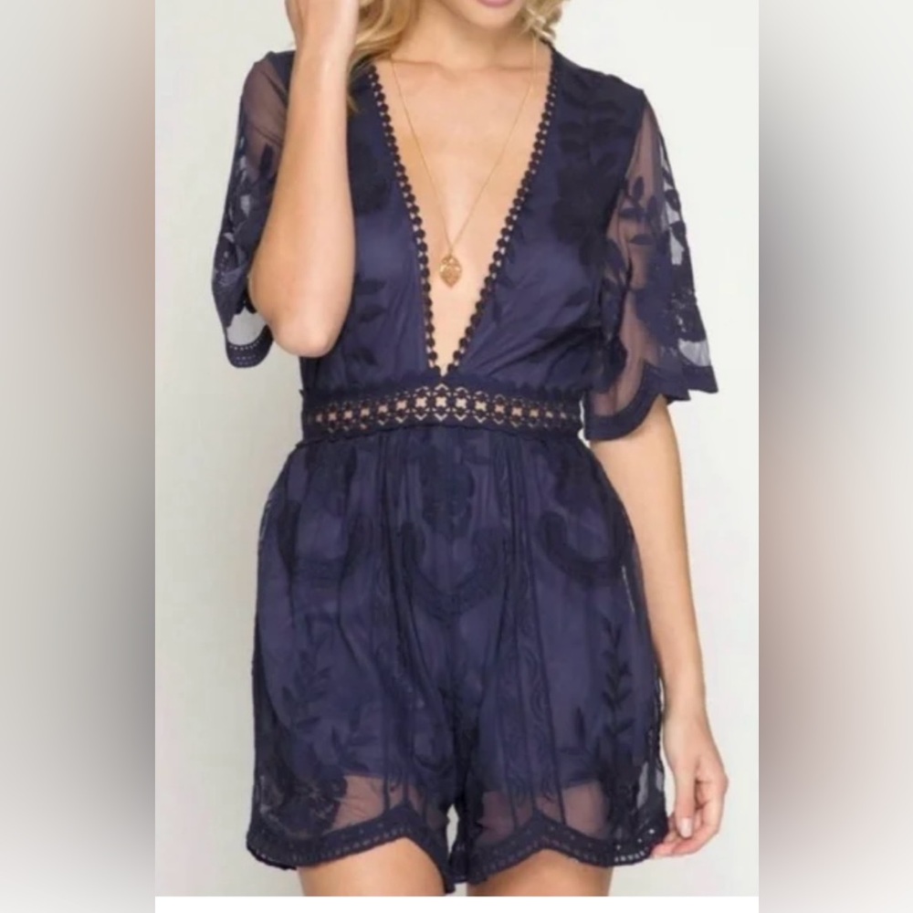 She + Sky Navy Floral Lace Romper